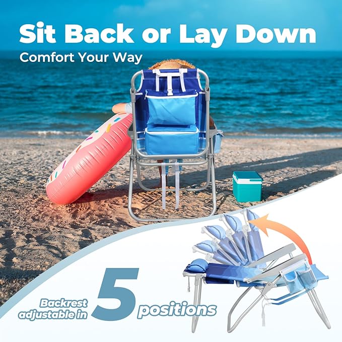Tall Beach Chairs for Adults – 5-Position Reclining Backpack Chair with Large Insulated Cooler &amp Storage Pocket Aluminum Frame Portable for Travel &amp Outdoor Supports 300lbs Wave Blue