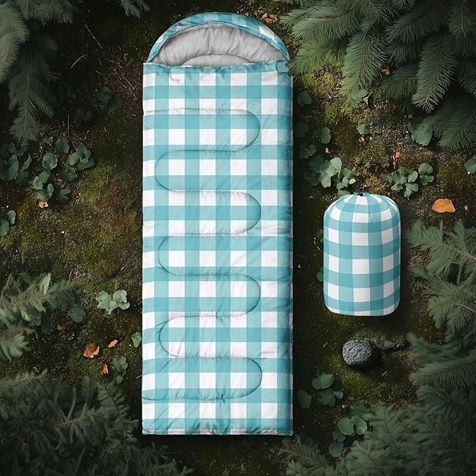 Purple Gingham Sleeping Bag for Girls KidsCute Plaid Checkered Camping Bag with Compression SackGeometric Grid Camping Gear EssentialsFarmhouse Sleeping Mat for Travelling Outdoor Indoor