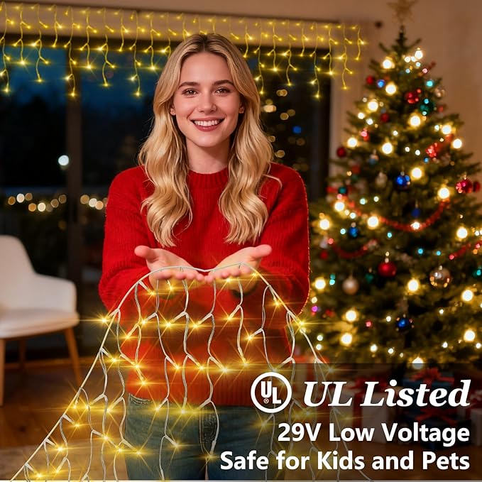 612 LED String lights Indoor Outdoor 60ft Christmas Window Lights with 136 Drops 12 Modes Dimmable Curtain Lights Fairy Lights for Bedroom Holiday Wedding Party Home Xmas Decorations Warm White