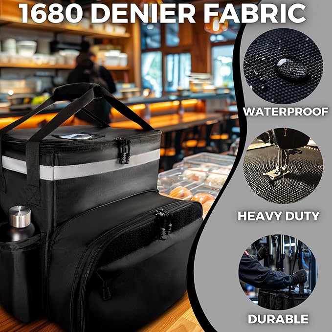Insulated Food Delivery Backpack made with Expandable 1680D commercial-grade fabric features customizable Velcro patch area for branding ideal for bike deliveries Uber Eats DoorDash Grubhub
