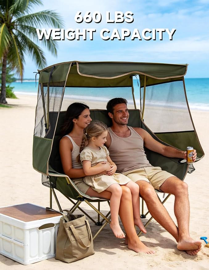 East Oak Double Camping Chair with Canopy | Padded Camping Couch with Maximum Sun Protection 14.7 lbs Lightweight 24'' High Back and 660 LBS Heavy Duty Support