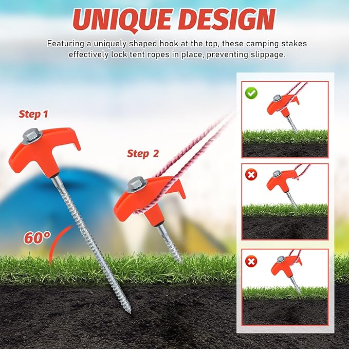 VILLCASE Rotating Plastic Head Threaded Tent Stakes 20cm Bright Screw-in Camping Pegs 10pcs with 1 Sleeve for Outdoor Tent Accessories