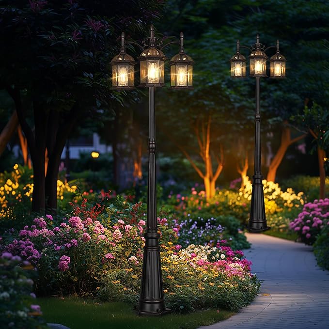 Dusk to Dawn Outdoor Lamp Post Light with 3 LED Bulbs Triple Head Aluminum Street Light Post for Outside with Sensor Waterproof Birdcage Pole Lighting Fixture for Backyard Garden Patio Bronze