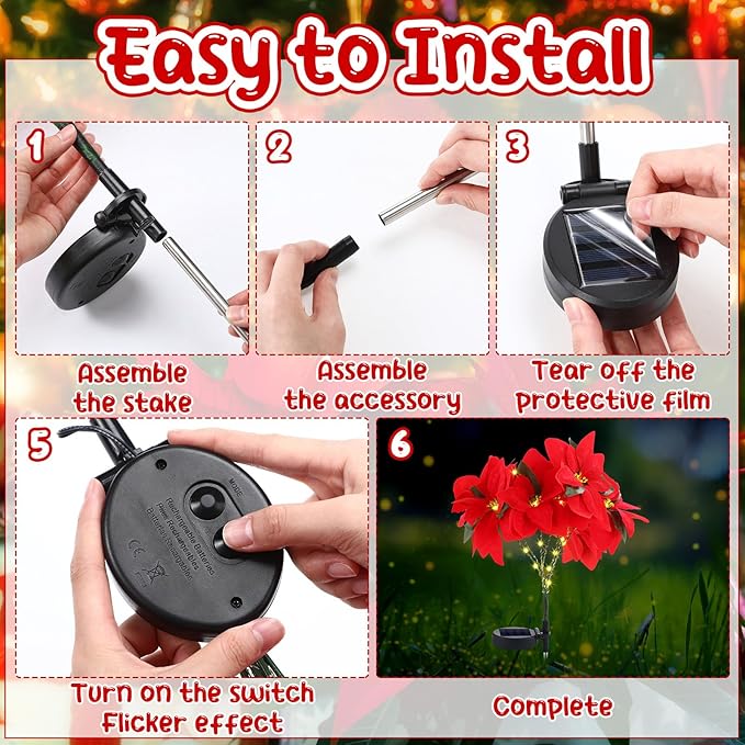 VIHOSE 2 Pcs Christmas Solar Poinsettia Lights Outdoor Artificial Flowers Landscape Waterproof Solar Poinsettia Lights for Yard Lawn Patio Garden Pathway Xmas Party Supplies (10 FlowersRed)