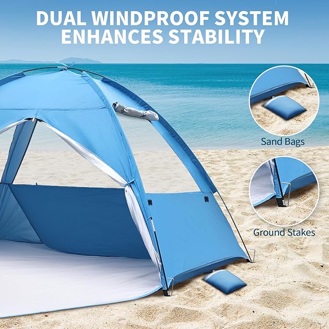 COVACURE 2026 New Upgraded Beach Tent Sun Shelter for 3-4 Person - UPF 50+ UV Protection Beach Shade Waterproof &amp Lightweight Easy Setup Portable Sun Canopy for Camping Fishing Beach(Blue)