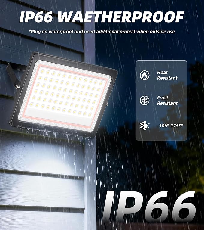 60W Flood Light Outdoor with Plug 7200LM Exterior Security Lights with 6ft Cable 5000K Daylight White LED Work Light IP66 Waterproof Exterior Floodlight for Yard Garage Stadium Garden patio 2 Pack