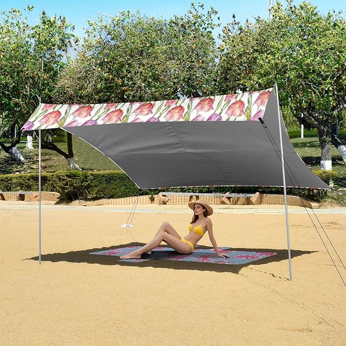 ALAZA Tulip Flower Floral Watercolor Beach Tent Sun Shelter UPF50+ Protection Beach Shade Canopy w/ 4 Sandbags for Outdoor Camping Fishing Backyard Fun Picnic 10x9 ft