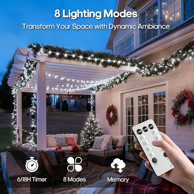 246FT 600 LED Christmas Lights Outdoor Indoor Waterproof 8 Modes String Lights for Outside Cool White Christmas Tree Lights Plug in for Outside Bedroom Wedding Party Holiday Decorations