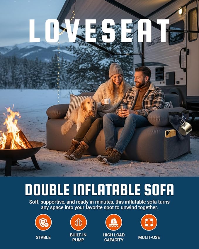 KingCamp Double Camping Inflatable Couch with Built-in Electric Pump 880LB Heavy Duty Outdoor Loveseat Air Sofa 600D Cationic Fabric Dual-Layer 2 Person Inflatable Sofa for Camp Backyard RV Patio