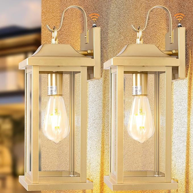 Large Gold Outdoor Sconces Dusk to Dawn 2-Pack 17 Inch Large Porch Light Photocell Brass Outdoor Light Fixtures IP65 Waterproof with Clear Glass Outside Wall Lanterns Wall Mounted Lamps