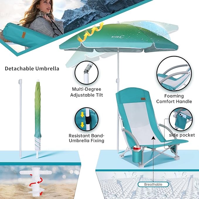 Nice C Beach Chair Sand Chair Lake Chairs for Adults with Umbrella and Cooler Low Beach Chairs High Back Cup Holder &amp Carry Bag &amp Heavy Duty Compact Outdoor Camping (Set of 2 Blue)