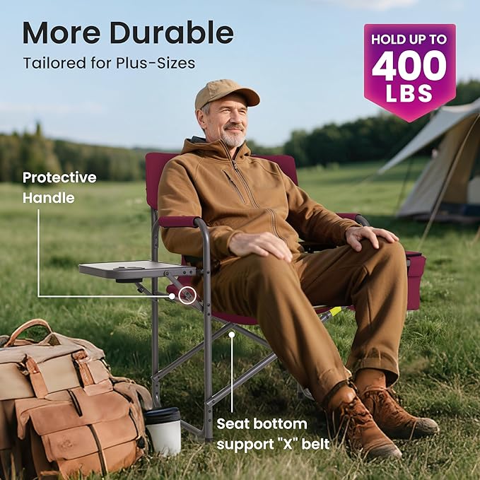 Director Camping Chair - 400lbs Heavy Duty with Cooler Bag &amp Foldable Side Tray Portable Outdoor Lawn Chair for Backyard/Fishing/Beach (Wine Red)