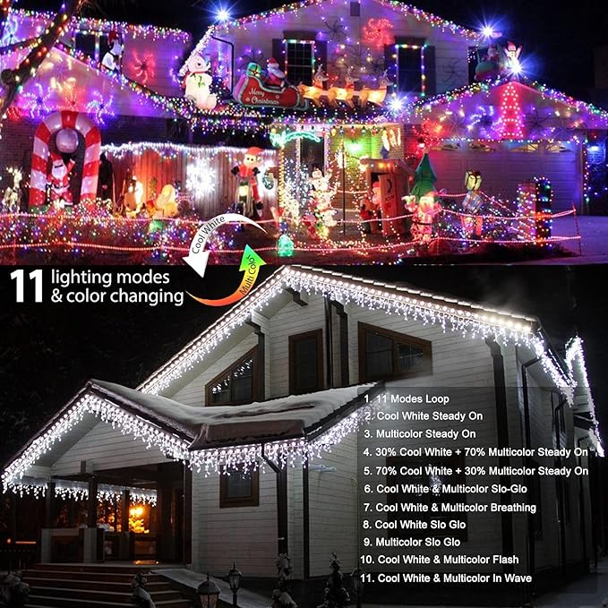 Brizled Color Changing Icicle Lights 29ft 360 LED Christmas Icicle Lights with Remote 11 Modes Cool White &amp Multicolor Xmas Lights for Xmas Wedding Home