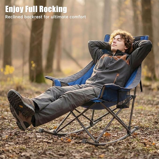 SUNNYFEEL Rocking Camping Chair Fully Padded Patio Folding Chair Portable Oversized Outdoor Rocker High Back Lawn Recliner with Side Pocket Camp Rocker Chairs for Adults Heavy Duty 500 LBS Blue