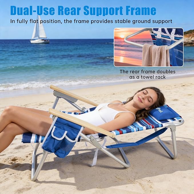 SUNNYFEEL Tall Beach Chair Reclining Beach Chair with 5-Position Portable Camping Chair for Adults with Wood Armrest Lightweight Camping Chair 300 lbs Heavy Duty Blue Stripe 2 Pack