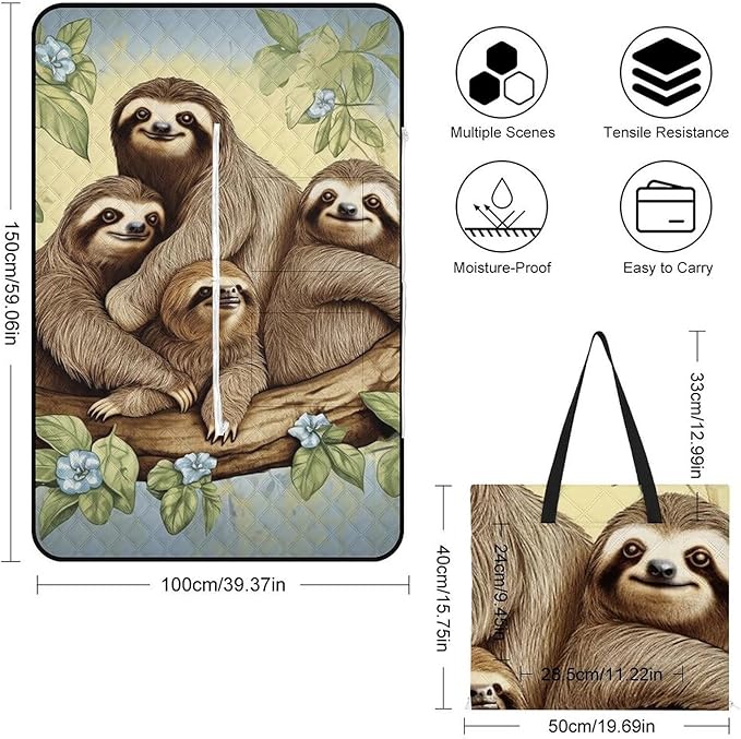 Zipper Sloth Family Style Picnic Mat Suitable for Travel Camping Park Or Home Use