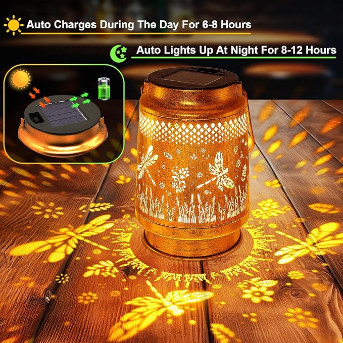 2 Pack Solar Lanterns Outdoor Waterproof Dragonfly Garden Decor Gifts for Women Mom Grandma Birthday Hanging Solar Lights Metal LED Decoration with Shepherd Hook Outside for Yard Patio Lawn Porch