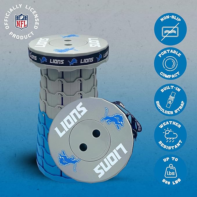 Sporticulture NFL Detroit Lions Telescoping Collapsible Stool 500lbs Max Weight Portable Adjustable Height Folding Camping Stool with Carry Strap Retractable Stadium Have A Seat Outdoor Sports Fan
