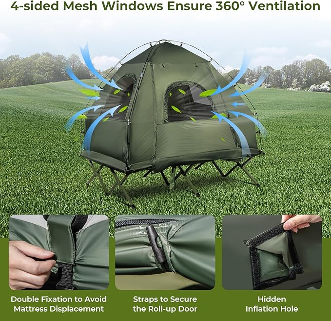 GYMAX Tent Cot 5-in-1 Folding Camping Cot with Mattress &amp Pillows Sleeping Bags Sunshade Camping Tent Elevated with Carrying Bag for Outdoor Hiking Fishing Picnic