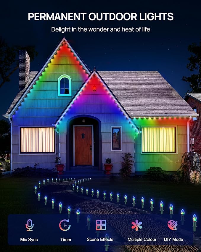 VCOKEN Permanent Outdoor Lights 63.6ft with 36LED Outdoor Christmas Lights with App Control Remote DIY Scene Modes Eaves IP65 Waterproof Light for Christmas Holiday Decor Garden Decor