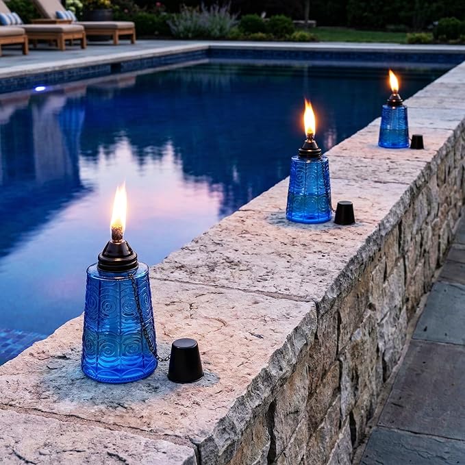 Seraphic Citronella Table Top Torches for Outdoor Patio 16oz Decorative Glass Torch Citronella Candles for Outside Deck Garden Parties Set of 3 Cobalt Blue