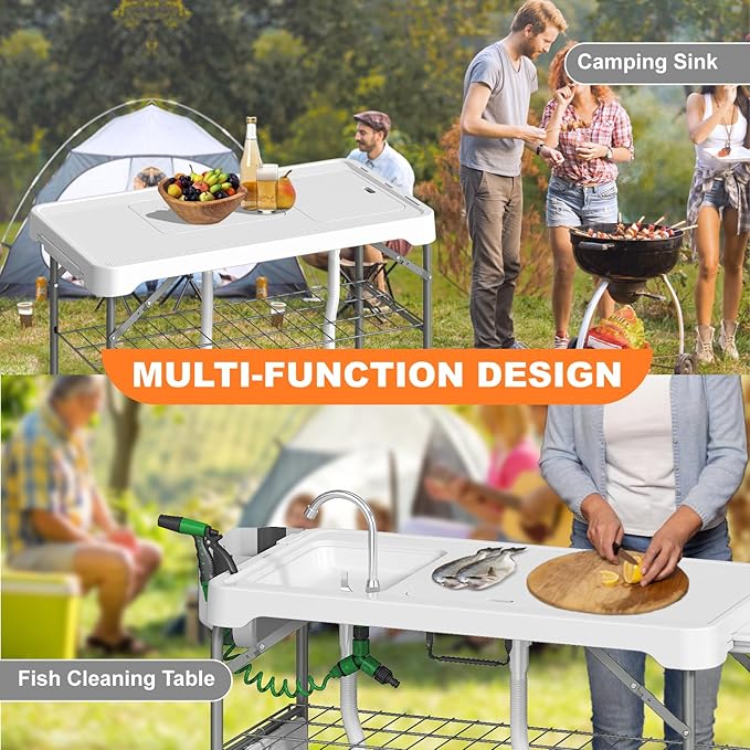 Folding Fish Cleaning Table with 2 Sinks 42.5'' Portable Camping Sink Table with Foldable Faucet Drainage Hose Sprayer Storage BoxDrawer &amp Grooves Outdoor Fillet Station for Picnic White