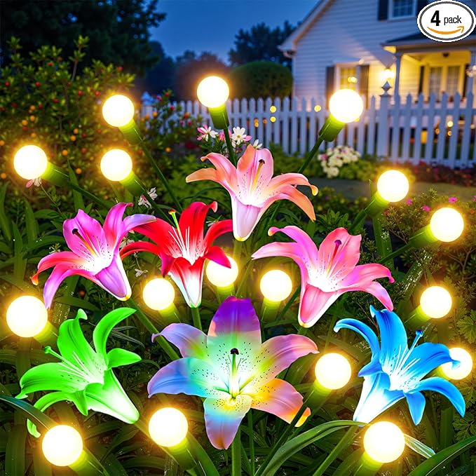 WdtPro Upgraded Solar Garden Lights Outdoor: 4 Pack Solar Firefly Swaying Light with Colorful LED Lily Flower Waterproof Garden Decor for Yard Patio Pathway Lawn Gifts for Women (2 Rosy+2 Purple)