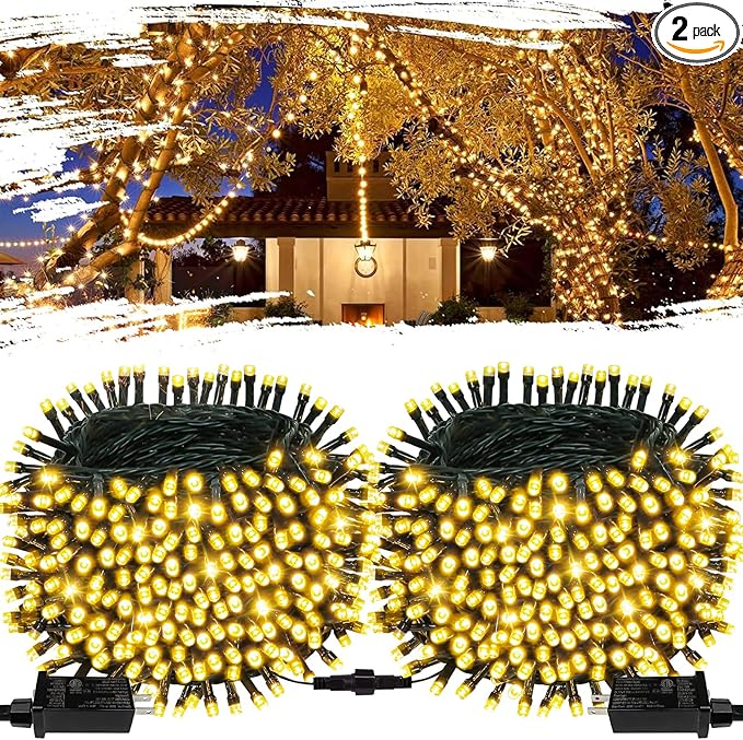 2-Pack Total 164FT 400LED Connectable Christmas Lights Outdoor Christmas String Lights Waterproof with 8 Modes &amp Timer Green Wire Twinkle Lights for Xmas Tree Decorations Outdoor Indoor Warm Wh