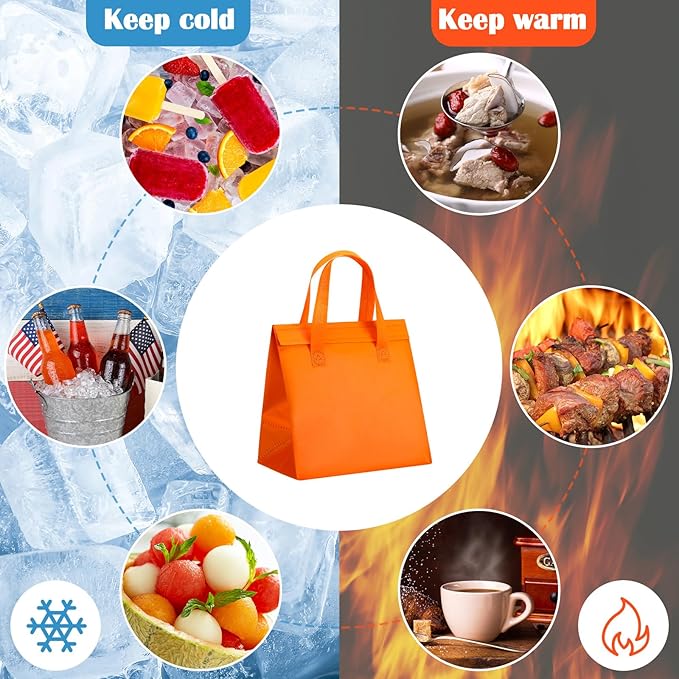 300 Pack Insulated Bags Bulk for Food Delivery 9.5 x 9.5 x 6 Thermal Take Away Bag for Hot Cold Food Coffee Milk Pizza Seafood Disposable Grocery Bag for Catering Restaurant(Orange)