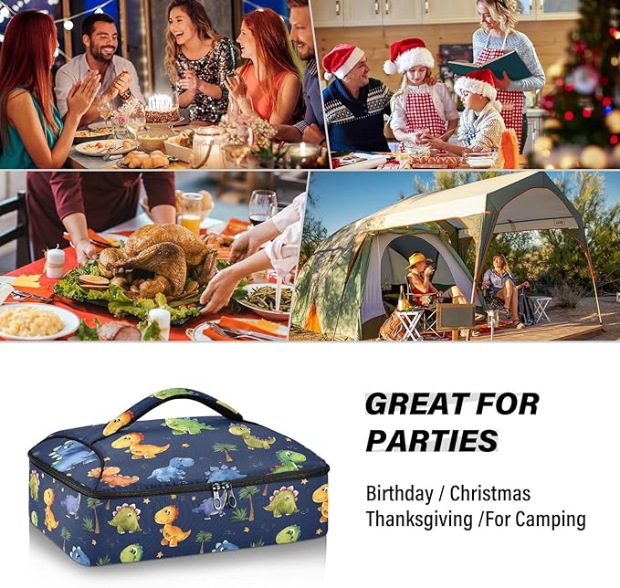 Casserole Carrier Playful Cartoon Dinosaurs PatternInsulated Casserole Carrier for Hot or Cold Food Thermal Lunch Tote for Potluck Parties Picnic Beach Fits 9 x 13 Inches Baking Dish