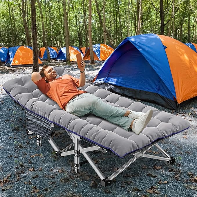 ABORON Oversized XXL Folding Camping Cot W/Mat for Adults 78 L x 32 W x 18 H Heavy Duty Outdoor Bed with Carry Bag1200 D Layer Oxford Travel Camp Cots