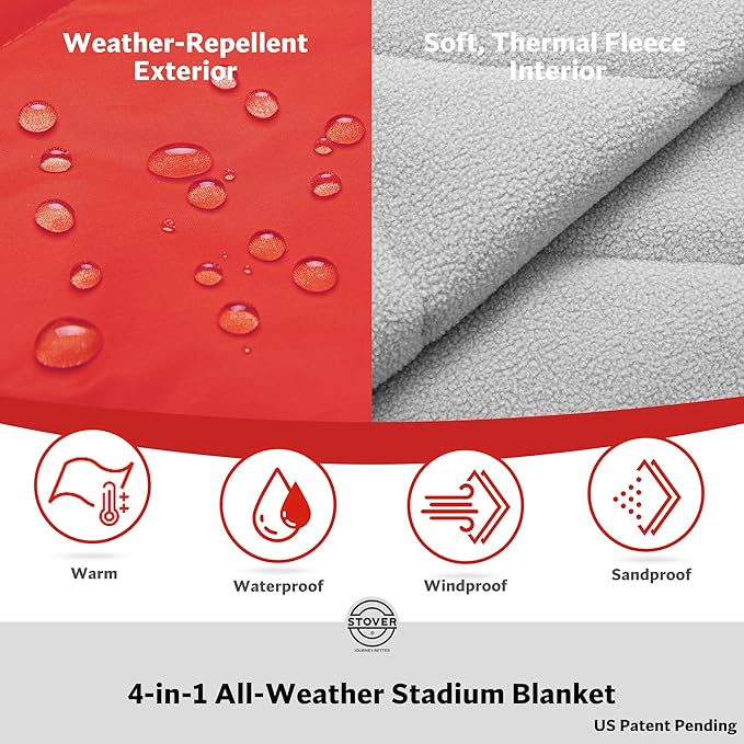 STOVER Large Waterproof Outdoor Stadium Blanket- Extra Thick Soft Fleece Camping Blanket for Travel Picnics Sports Dogs 79x55 Warm Windproof Sand-Proof Lightweight Packable (Sunset Red)