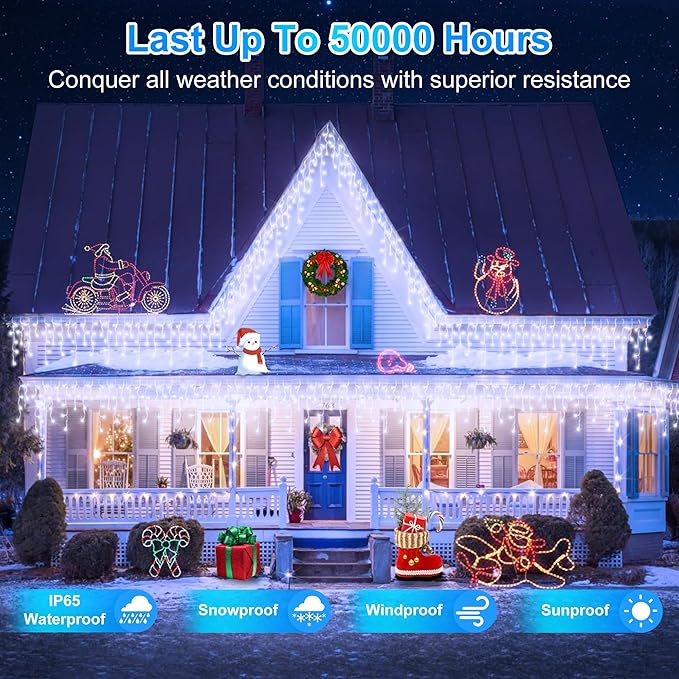 504LED 50ft Christmas Lights 112Drops 12 Modes Cool White Christmas String Lights Outdoor Dimmable Waterproof Christmas Decoration Fairy Lights with Timer for Indoor Eaves Party Patio Window Fence