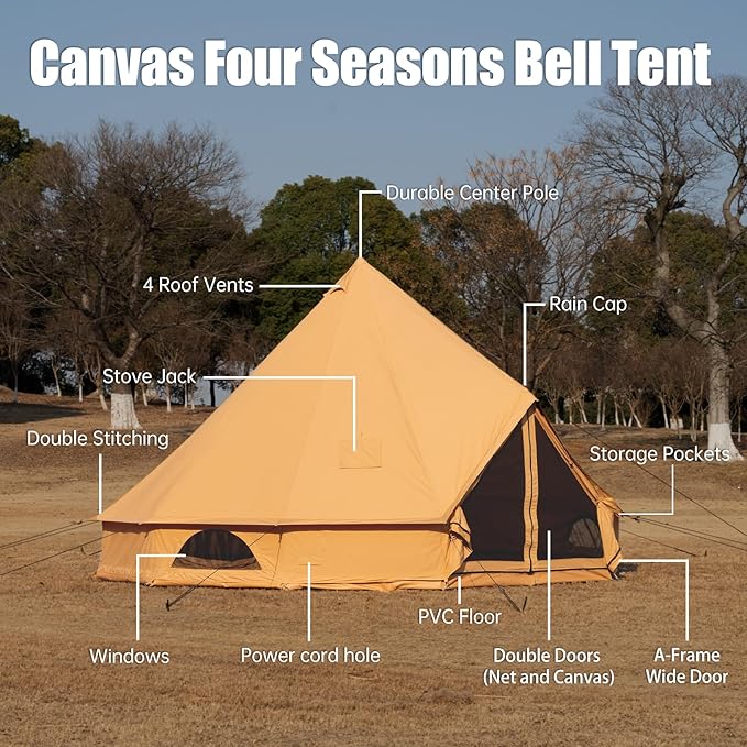 Cotton Canvas Bell Tent with Stove Jack Roomy Yurt for Family Glamping Camping 4 Season Tent with Zipped Removable Floor