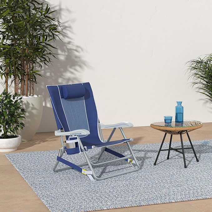 GCI Outdoor Backpack Beach Chair | Reclining Folding Chair with Durable Armrests Drink Holder &amp Carry Straps Perfect for Beach Trips &amp Picnics — Nautical Blue