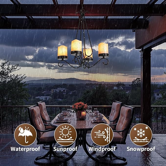 HOXIYA Battery Operated Outdoor Lights 4 Light Battery Powered Pendant Light Waterproof Wireless Hanging Chandelier Led Candle Light with Remote for Porch Patio Pergola Gazebo Canopy Tent Decor