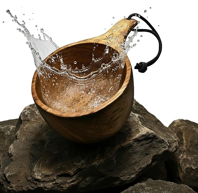 überleben | Lore Kuksa Wooden Cup – Handcarved 12oz Coffee Mug Bowl with Lanyard &amp Carabiner – Lightweight Camping Essentials &amp Traditional Nordic Bushcraft Gear