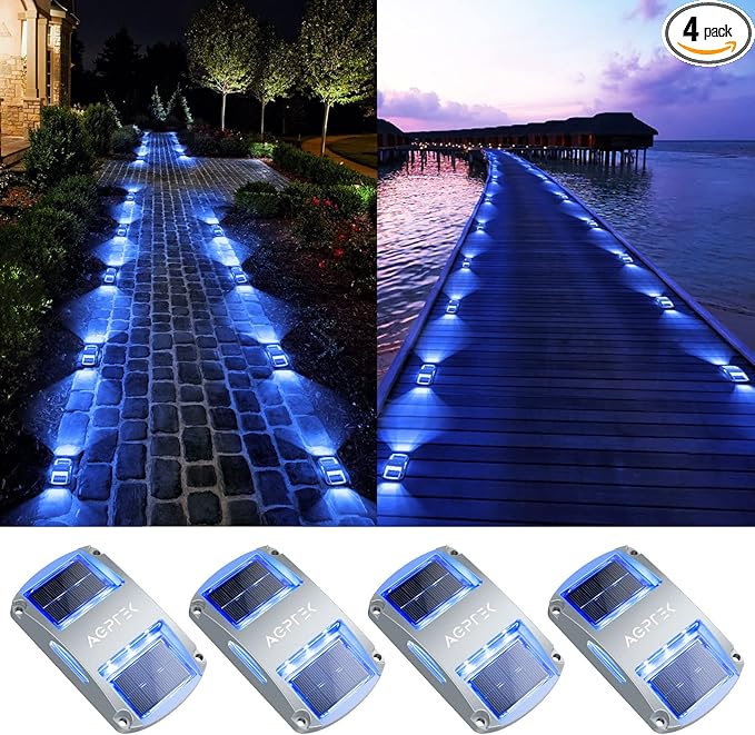 AGPTEK Solar Driveway Lights 4 Pack Solar Deck Lights Outdoor Dock Marine Lights LED Dock Lights Solar Powered Waterproof Driveway Marker Lights for Warning Step Sidewalk Pathway Garden Yard