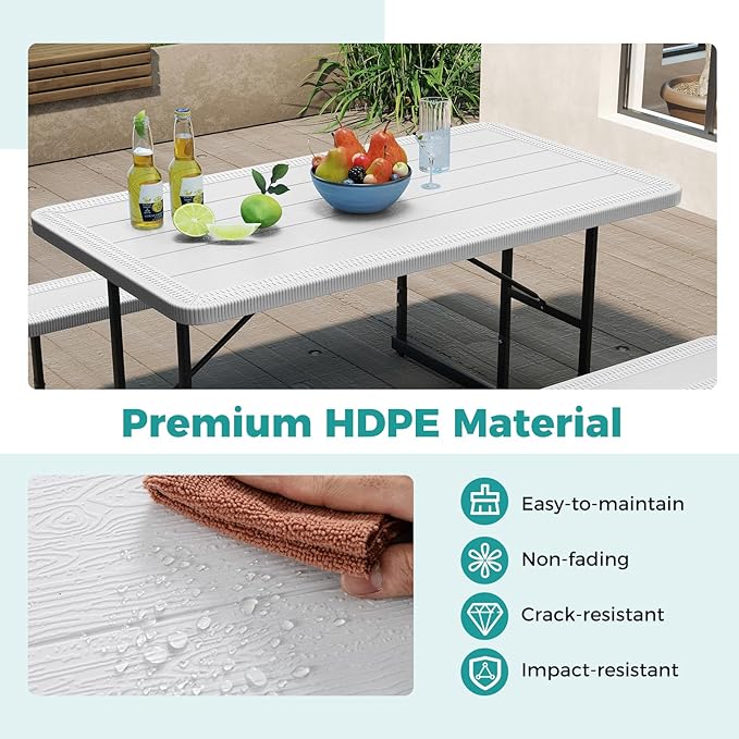Giantex Picnic Table Bench Set for 4 People 4.5FT Outdoor Rectangular Dining Table &amp 2 Benches w/Umbrella Hole HDPE Tabletop Metal Frame Patio Garden Backyard Poolside (4.5FTNon-FoldableWhit
