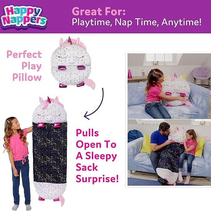 Happy Nappers Pillow &amp Sleepy Sack- Comfy Cozy Compact Super Soft Warm All Season Sleeping Bag with Pillow- Medium 54” x 20” Shimmer Unicorn