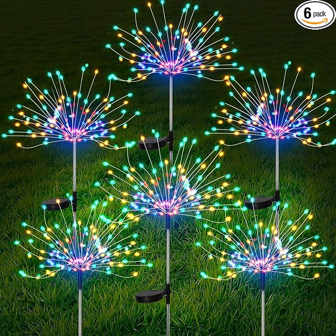 FOOING 6 Pcs Solar Garden Lights Solar Firework Lights 200 LED String Light 2 Modes Twinkling Nightlight for Outside Wedding Party Patio for Home Decor (Colorful)
