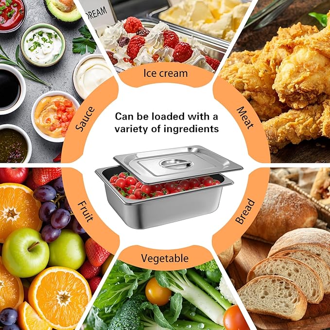 1/2 Size Hotel Pan with Lids 4 Pack 4'' Deep Steam Table Pan 12.8''L x 10.4''W Stainless Steel Pans for Home Party Hotel Buffet
