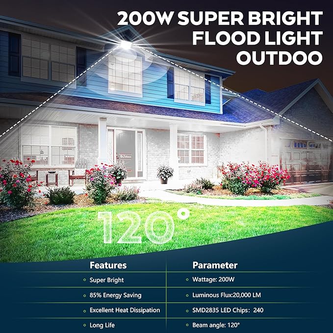 VAYALT 200W Led Flood Light Outdoor 2 Pack 20000LM Bright Floodlight Outside Work Light with Plug 6500-7000K Daylight Exterior Flood Light for Garage Yard Parking Lot Chicken Coop (IP66)
