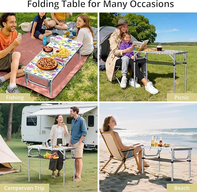 Anbte 3ft Folding Camping Table with Storage Net &amp Bag 3 Adjustable Height Max 27.5 Outdoor Folding Table Lightweight Portable Handle for Outdoor Indoor Camping Beach RV Picnic Blooming Floral