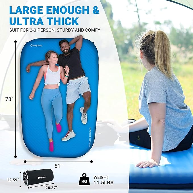 KingCamp Double Sleeping Pad 2 Person Queen R 7.5 Self Inflating Sleeping Pad 3 Thick Foam Mattress Mat with Contoured Design &amp Honeycomb Surface Cut for Camping Tent Car Backpacking (BLUE/CHARC