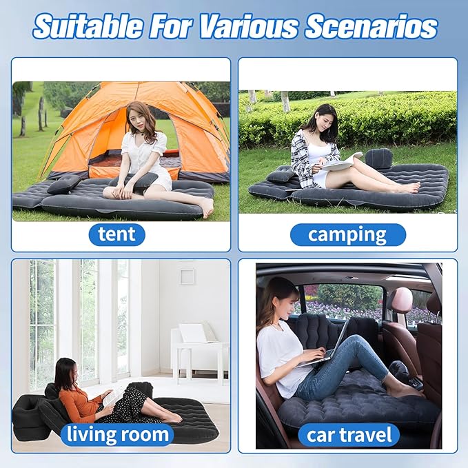 Inflatable Car Air Mattress Back Seat Bed with Air PumpPortable Thickened Car Travel Camping Sleeping Air Mattress Blow Up Bed for Car Universal SUV