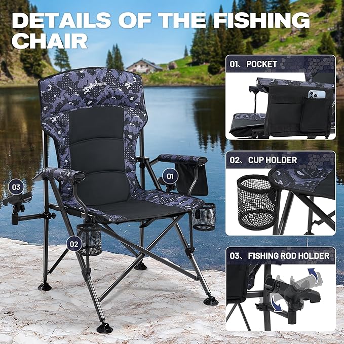 X Strike Oversized Folding Fishing Chair with Rod Holder Heavy Duty 350LBS Feet Adjustable Padded Camping Chair with Cup Holder Side Pocket Hard Armrest