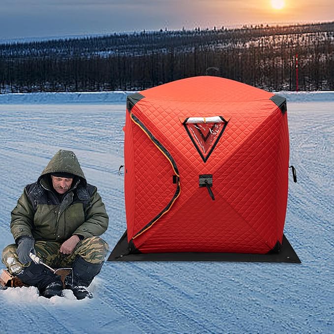 Portable Ice Fishing Tent for 1-2 Person Insulated Tent 57''×65'' Hub-Style Ice Shelter Thermal Ice-Shanty Oxford Cloth Windproof Ice-Shack for Winter-Fishing Lake River Outdoor
