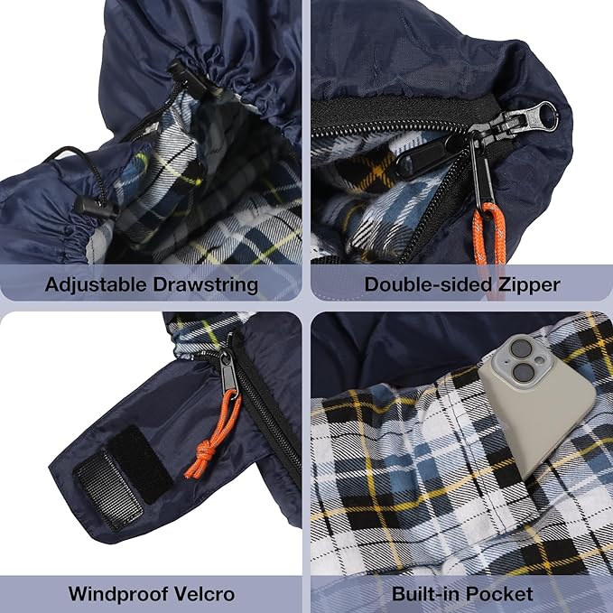 REDCAMP Flannel Sleeping Bag for Adults Comfortable Cotton Sleeping Bags for Camping with Detachable Hood Red/Grey/Blue/Black