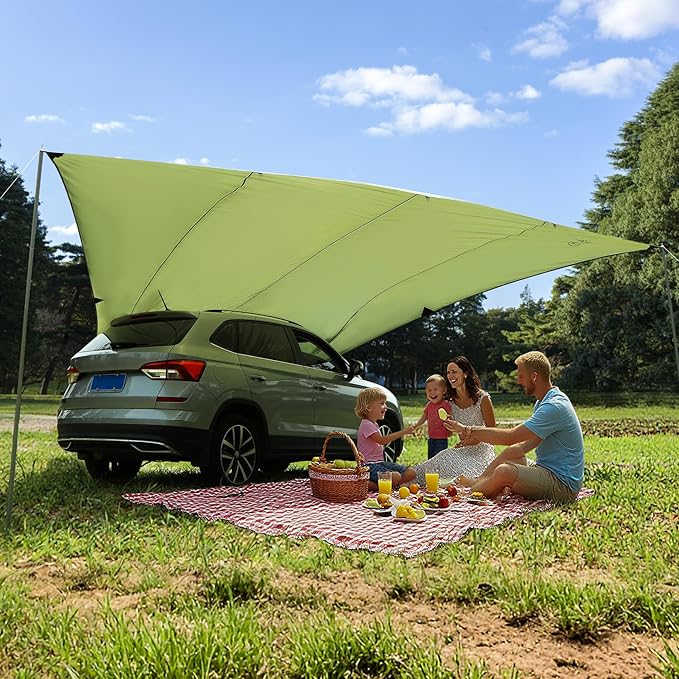 REDACMP 19ft x17ft Large Car Awning Tarp with 2 Poles &amp 2 Suction Cup Hooks Waterproof Camping Tarp Hammock Rain Fly with UV Protection Sun Shelter for SUVVanOverland CampingTailgate CanopyGr